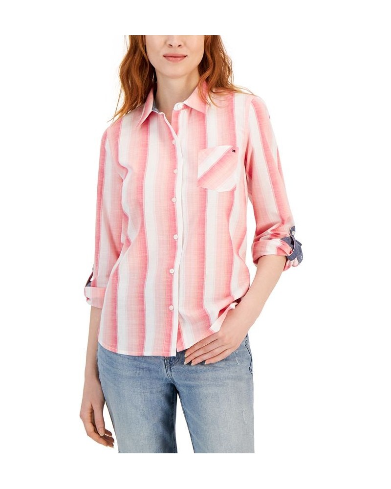 Plus Size Cotton Button-Front Roll-Tab Shirt Azalea $41.17 Tops