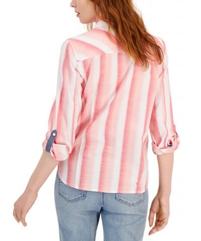 Plus Size Cotton Button-Front Roll-Tab Shirt Azalea $41.17 Tops