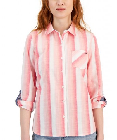 Plus Size Cotton Button-Front Roll-Tab Shirt Azalea $41.17 Tops