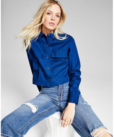 Women's Poplin Collared Shirt Navy Peony $11.58 Tops