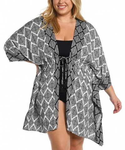 Plus Size Oasis Tile-Print Front-Tie Kimono Cover-Up Black/White Medallion Print $42.23 Swimsuits