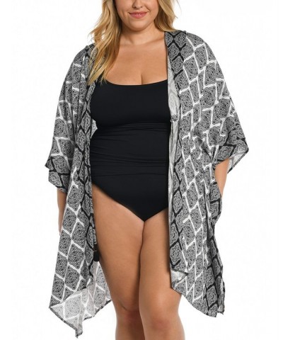 Plus Size Oasis Tile-Print Front-Tie Kimono Cover-Up Black/White Medallion Print $42.23 Swimsuits