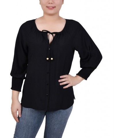 Petite Button Front 3/4 Sleeve Blouse Black $31.86 Tops