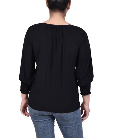 Petite Button Front 3/4 Sleeve Blouse Black $31.86 Tops