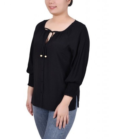 Petite Button Front 3/4 Sleeve Blouse Black $31.86 Tops