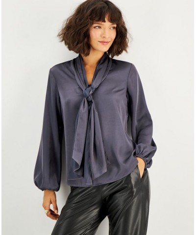 Women's Bow-Tie Long-Sleeve Blouse Dark Rhodium $23.13 Tops