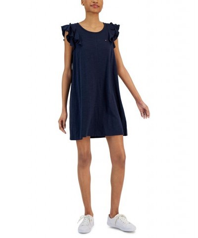 Women's Short Flutter Sleeve Dress Blue $42.14 Dresses