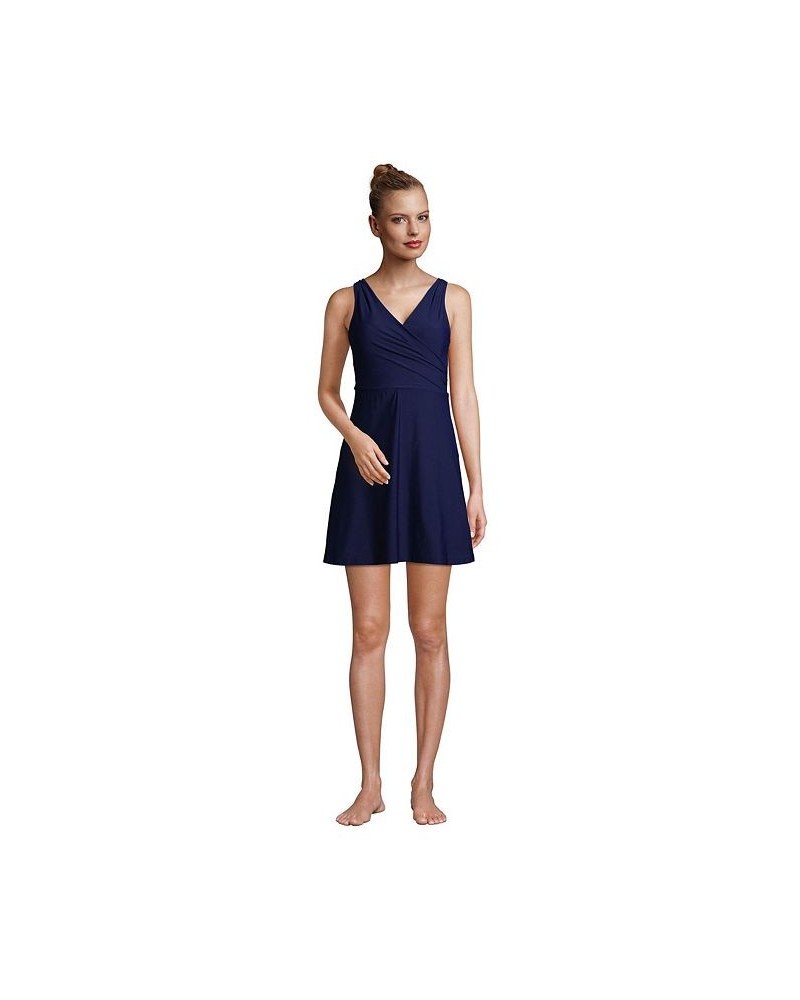 Women's Long Tummy Control Surplice Wrap Swim Dress One Piece Swimsuit Blue $53.98 Swimsuits