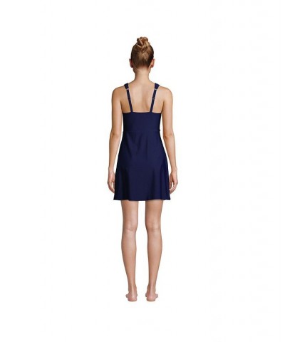 Women's Long Tummy Control Surplice Wrap Swim Dress One Piece Swimsuit Blue $53.98 Swimsuits