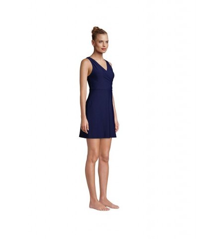 Women's Long Tummy Control Surplice Wrap Swim Dress One Piece Swimsuit Blue $53.98 Swimsuits