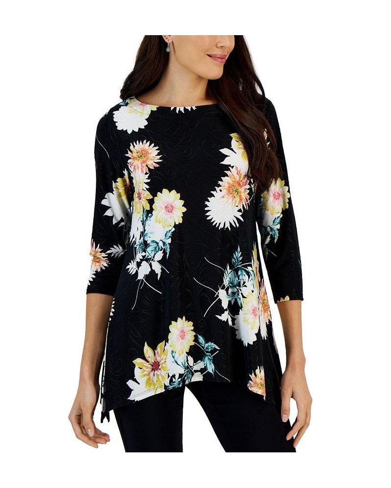 Women's Fantasy Floral Jacquard Boat-Neck Top Black $14.45 Tops