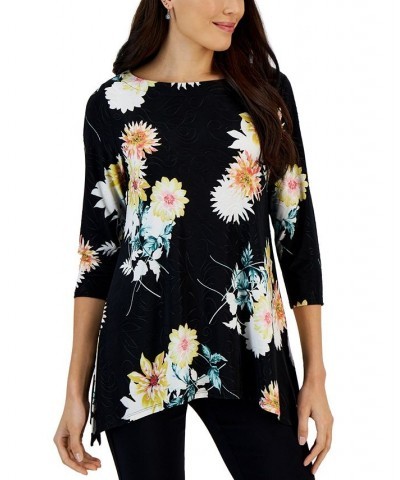 Women's Fantasy Floral Jacquard Boat-Neck Top Black $14.45 Tops