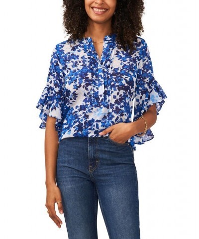 Women's Flutter Sleeve Pintuck Henley Top Blue $25.26 Tops