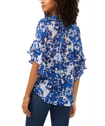 Women's Flutter Sleeve Pintuck Henley Top Blue $25.26 Tops