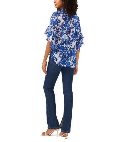 Women's Flutter Sleeve Pintuck Henley Top Blue $25.26 Tops