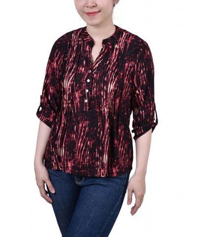 Petite 3/4 Roll Tab Sleeve Printed Pintuck Top Red Swirlbreeze $14.40 Tops