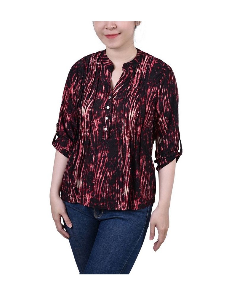 Petite 3/4 Roll Tab Sleeve Printed Pintuck Top Red Swirlbreeze $14.40 Tops