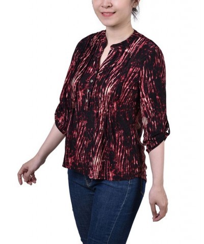 Petite 3/4 Roll Tab Sleeve Printed Pintuck Top Red Swirlbreeze $14.40 Tops