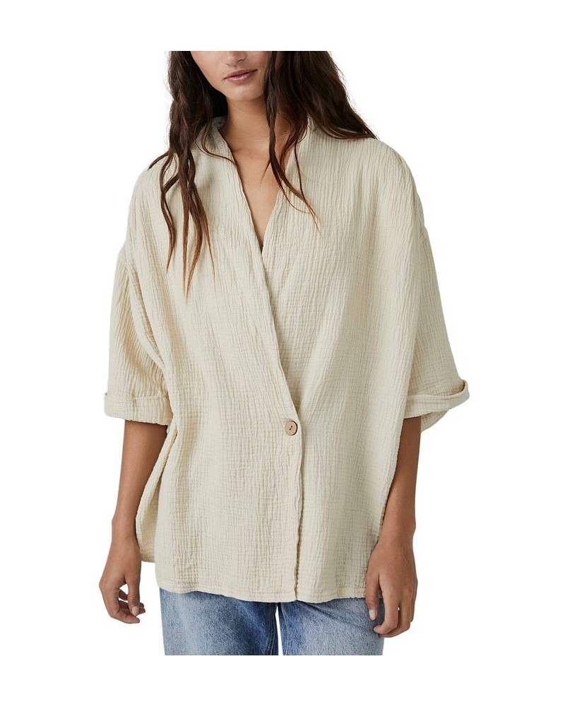Women's Lou Textured Cotton Blazer Top Summer Khaki $56.64 Tops