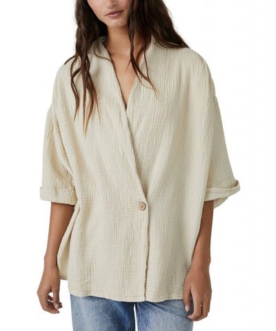 Women's Lou Textured Cotton Blazer Top Summer Khaki $56.64 Tops