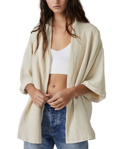 Women's Lou Textured Cotton Blazer Top Summer Khaki $56.64 Tops