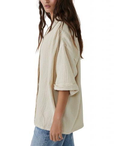 Women's Lou Textured Cotton Blazer Top Summer Khaki $56.64 Tops