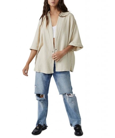 Women's Lou Textured Cotton Blazer Top Summer Khaki $56.64 Tops