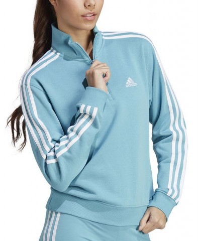 Women's Cotton 3-Stripes Quarter-Zip Sweatshirt Preloved Blue/white $25.65 Tops