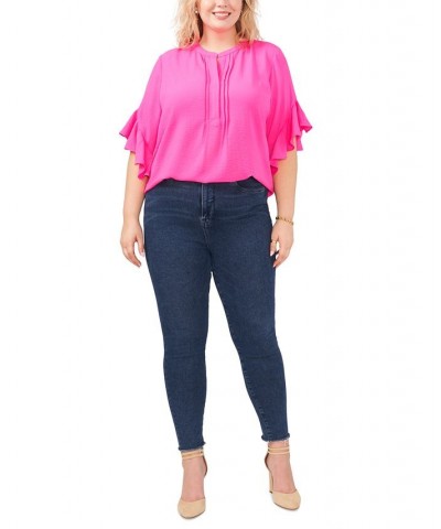 Plus Size Ruffle Sleeve Henley Blouse Hot Pink $29.43 Tops