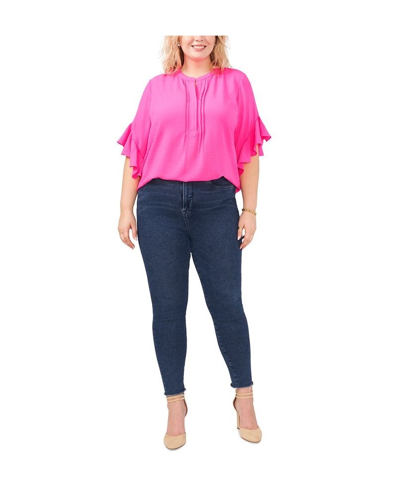 Plus Size Ruffle Sleeve Henley Blouse Hot Pink $29.43 Tops