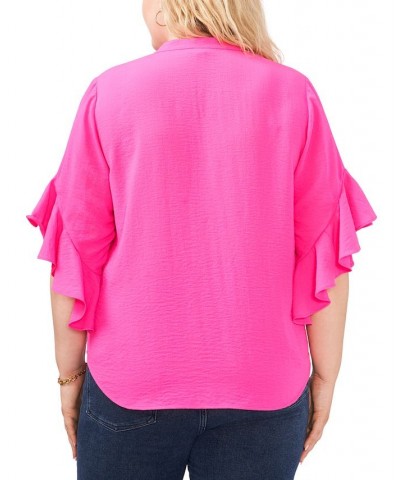 Plus Size Ruffle Sleeve Henley Blouse Hot Pink $29.43 Tops