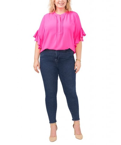 Plus Size Ruffle Sleeve Henley Blouse Hot Pink $29.43 Tops