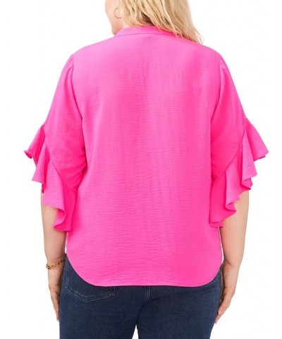 Plus Size Ruffle Sleeve Henley Blouse Hot Pink $29.43 Tops