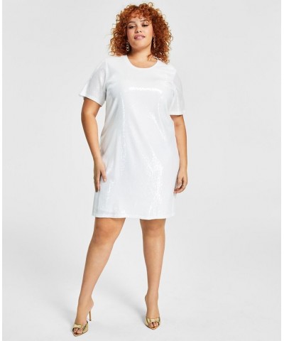 Trendy Plus Size Printed Short-Sleeve Sequin Dress White $54.74 Dresses