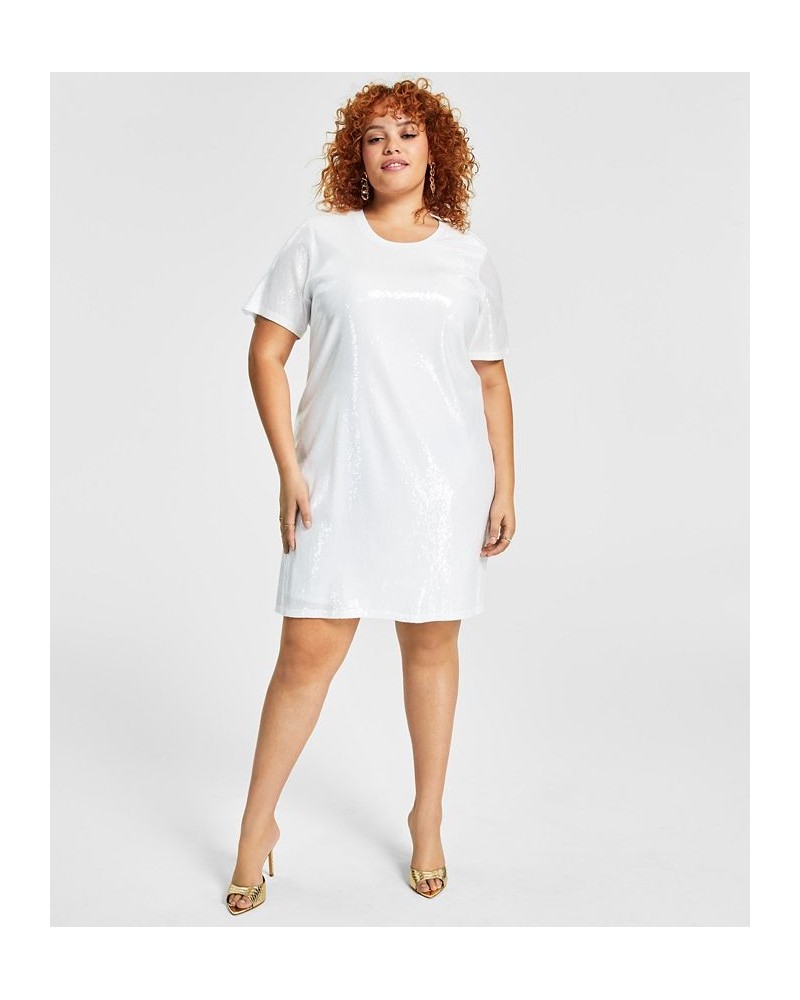 Trendy Plus Size Printed Short-Sleeve Sequin Dress White $54.74 Dresses