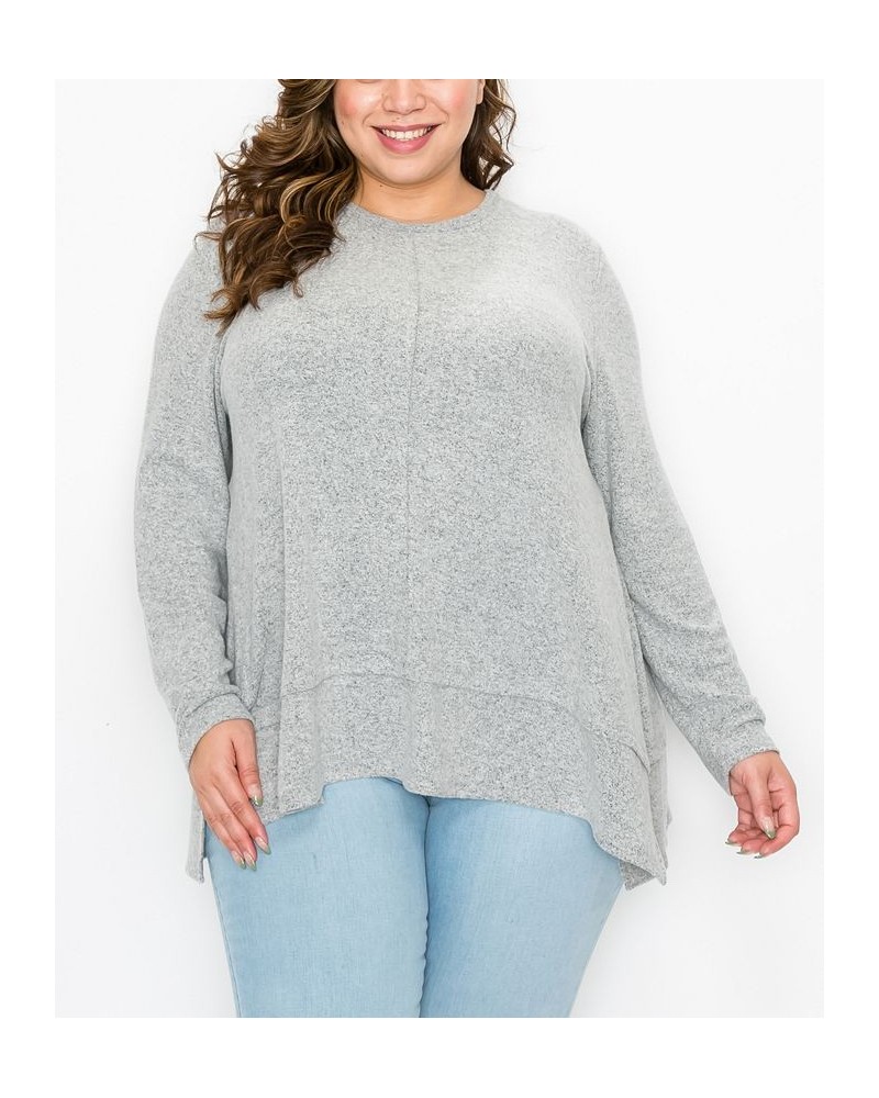 Plus Size Cozy Long Sleeve Pleat Button Back Top Heather Gray $22.68 Tops