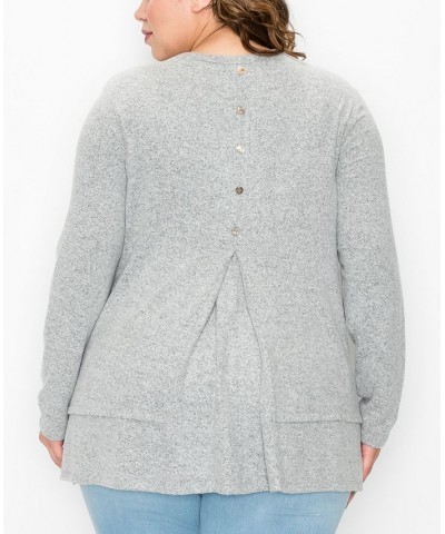 Plus Size Cozy Long Sleeve Pleat Button Back Top Heather Gray $22.68 Tops