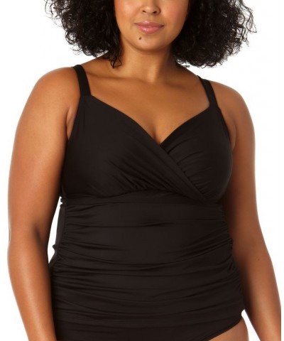 Plus Size Surplice Shirred Tankini Top Black $47.84 Swimsuits