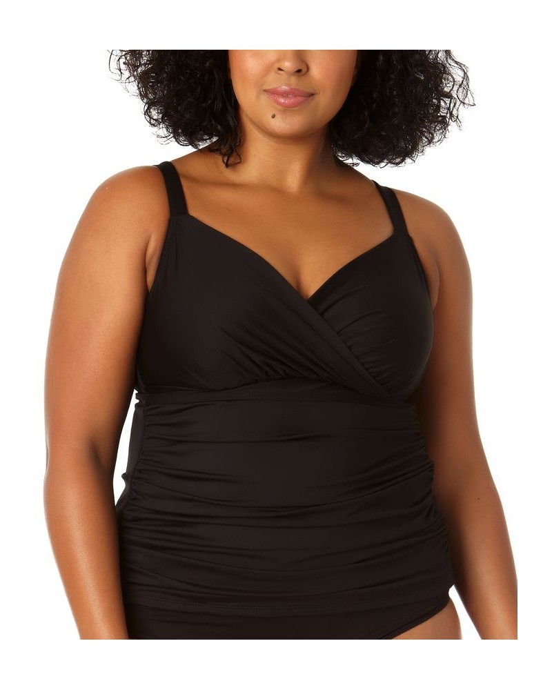 Plus Size Surplice Shirred Tankini Top Black $47.84 Swimsuits