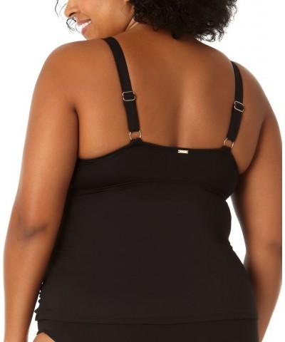 Plus Size Surplice Shirred Tankini Top Black $47.84 Swimsuits