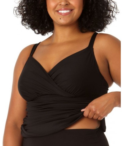 Plus Size Surplice Shirred Tankini Top Black $47.84 Swimsuits