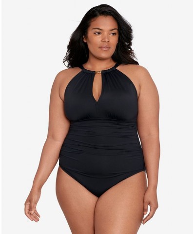 Plus Size Halter-Neck One Piece Swimsuit Black $81.60 Swimsuits