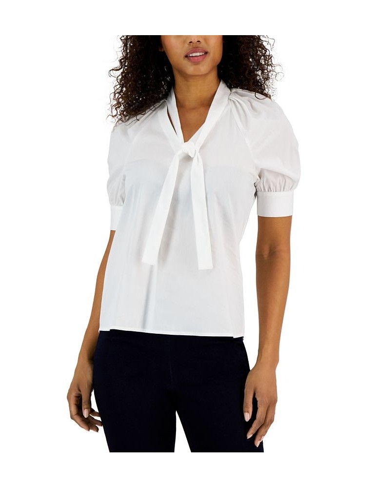 Women's Short-Sleeve Poplin Tie-Neck Top Bright White $25.96 Tops