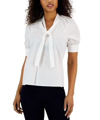 Women's Short-Sleeve Poplin Tie-Neck Top Bright White $25.96 Tops