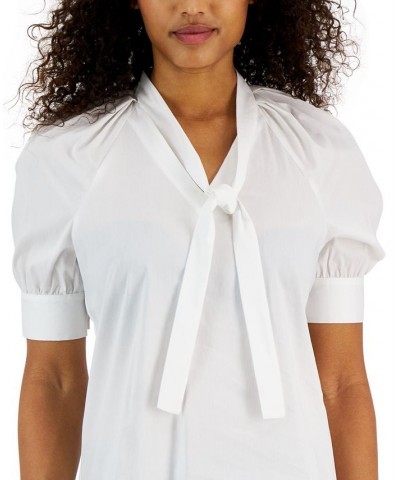 Women's Short-Sleeve Poplin Tie-Neck Top Bright White $25.96 Tops