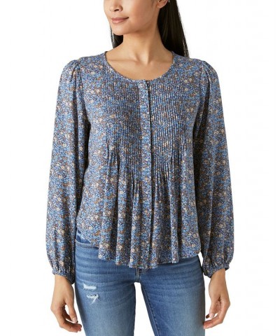 Women's Printed Long-Sleeve Pintuck Shirt Blue $44.78 Tops