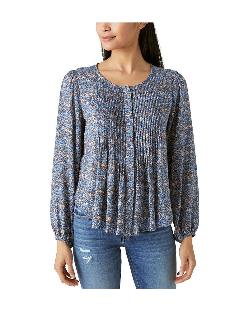 Women's Printed Long-Sleeve Pintuck Shirt Blue $44.78 Tops