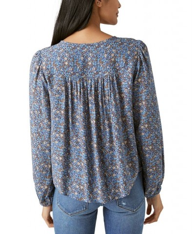 Women's Printed Long-Sleeve Pintuck Shirt Blue $44.78 Tops