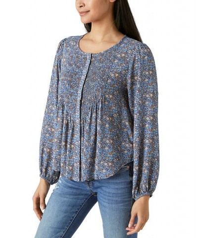 Women's Printed Long-Sleeve Pintuck Shirt Blue $44.78 Tops