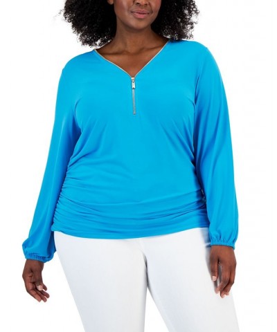 Plus Size Zip-Front Side-Ruched Top Electric Sea $18.25 Tops